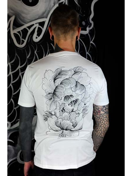 TS-FLO-BLANC Tattoo-on-move T-shirt Flower-Skull Tattooed-body-is-beautifful