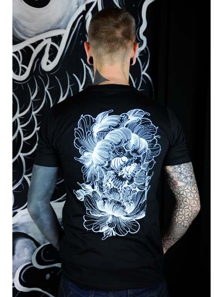 TS-FLO-NOIR Tattoo-on-move T-shirt Flower-Skull Tattooed-body-is-beautifful